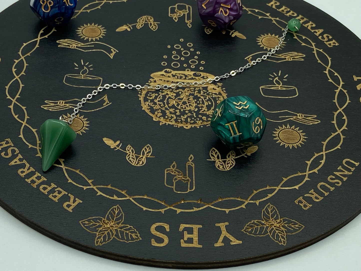 Wooden sprit/dowsing board featuring a witches cauldron, flowers and herbs, hands and suns, scrying, divination reading, snake, knife,