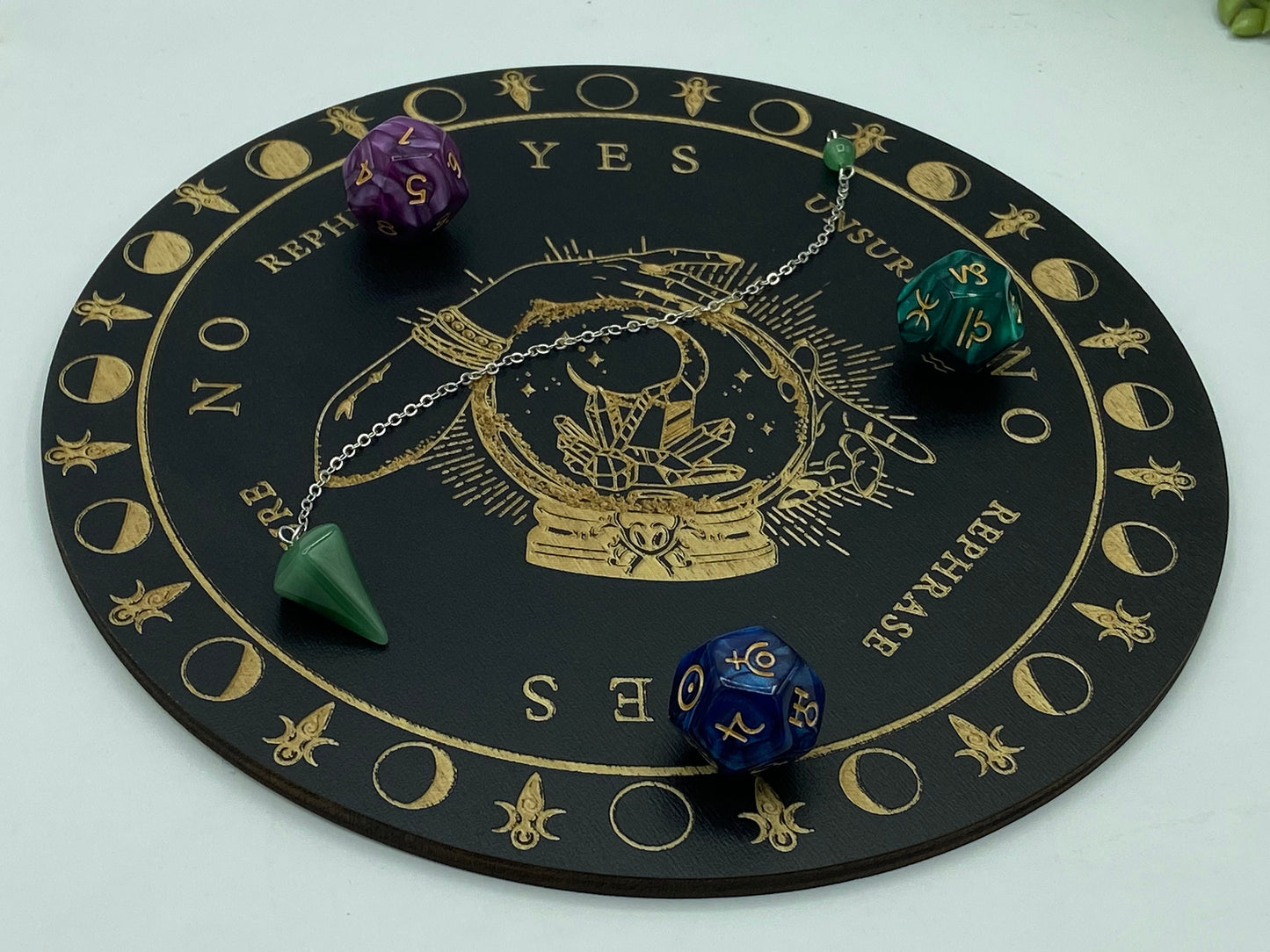 Wooden sprit/dowsing board featuring a crystal ball and a Crystal cluster, moons, third eye, pendulum board, scrying, divination reading,