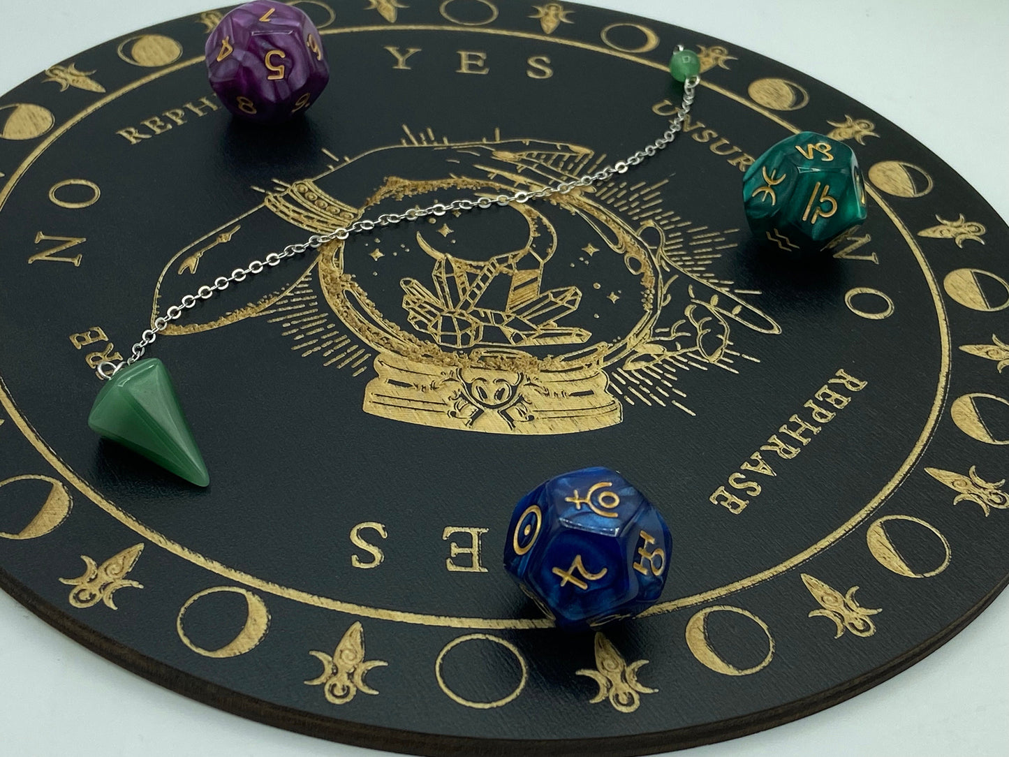 Wooden sprit/dowsing board featuring a crystal ball and a Crystal cluster, moons, third eye, pendulum board, scrying, divination reading,