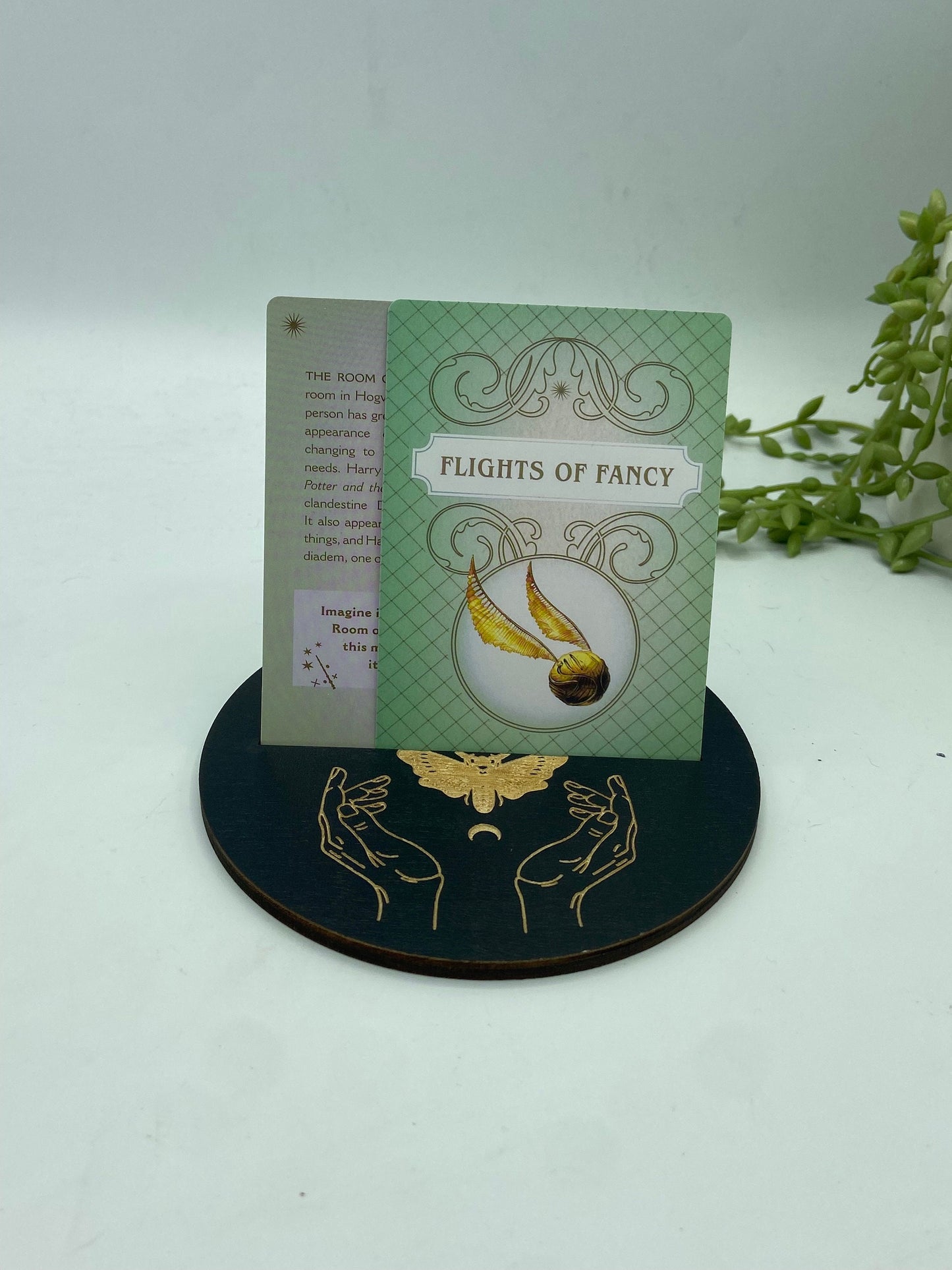 Tarot card of the day holder. Wooden moon with moth and hands and moon phase tarot/oracle card holder, card of the day, altar stand