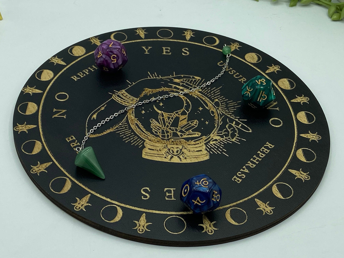 Wooden sprit/dowsing board featuring a crystal ball and a Crystal cluster, moons, third eye, pendulum board, scrying, divination reading,