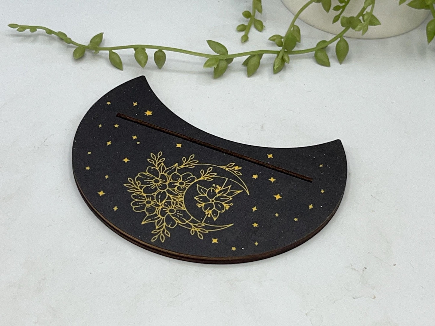 Tarot card of the day holder. Wooden crescent moon with flowers tarot/oracle card holder, card of the day, altar stand