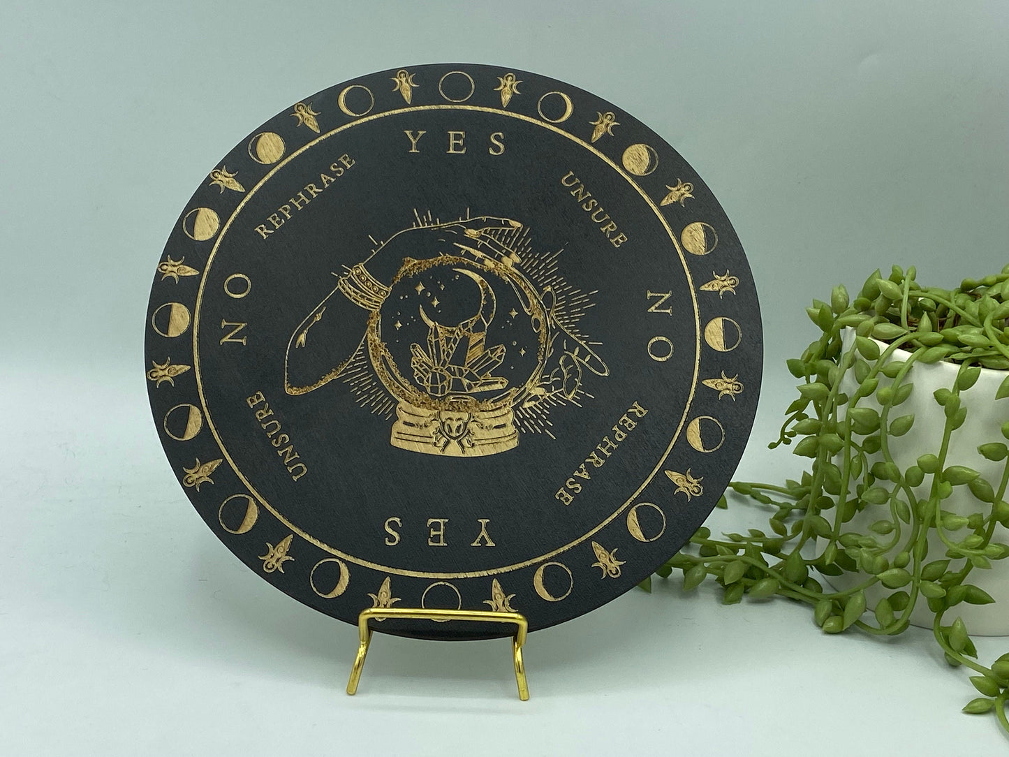 Wooden sprit/dowsing board featuring a crystal ball and a Crystal cluster, moons, third eye, pendulum board, scrying, divination reading,