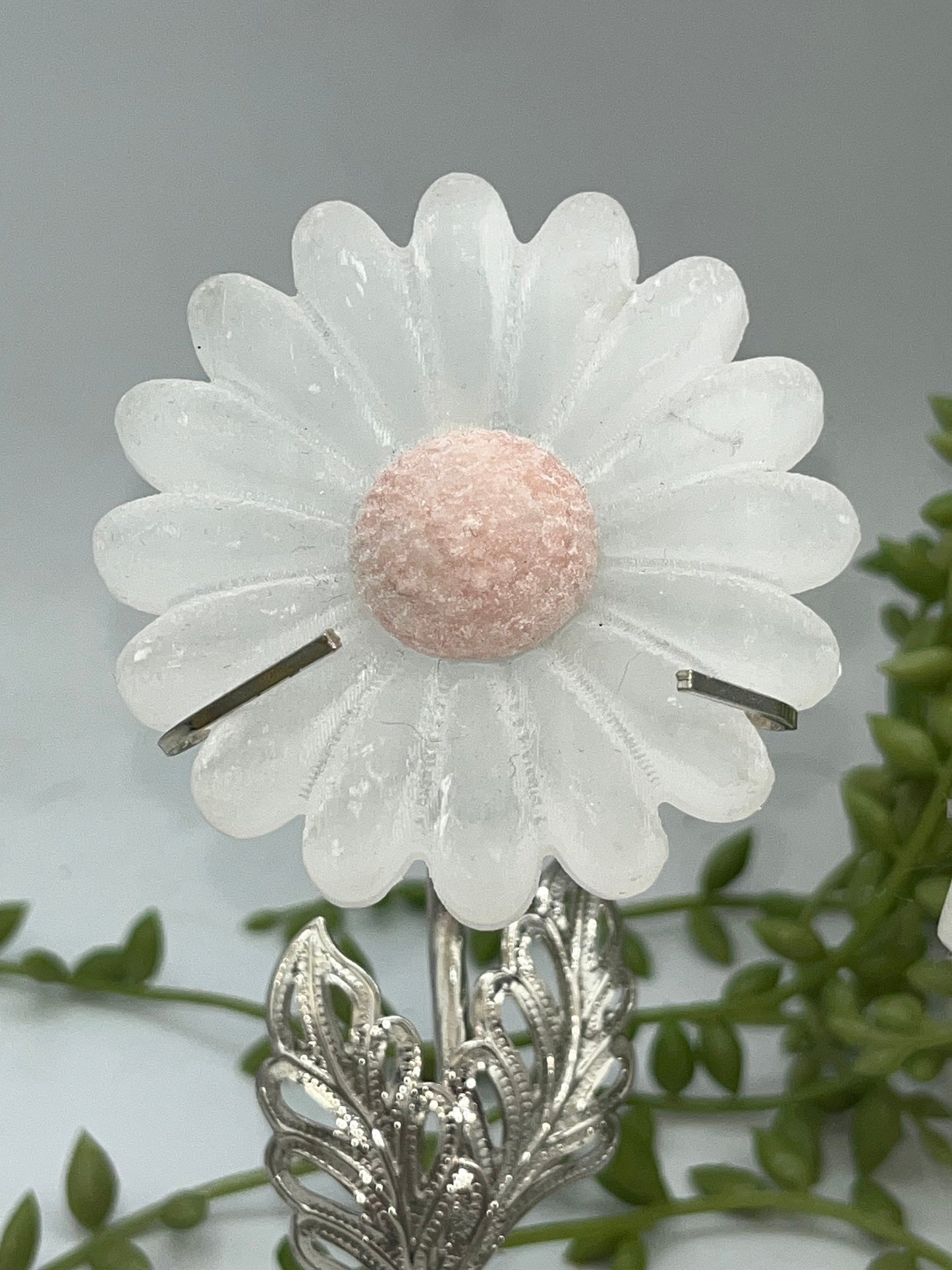 Selenite carved flowers on stand, Gerbera, Sunflower, satin spar, gypsum, carved crystal flower, stand included