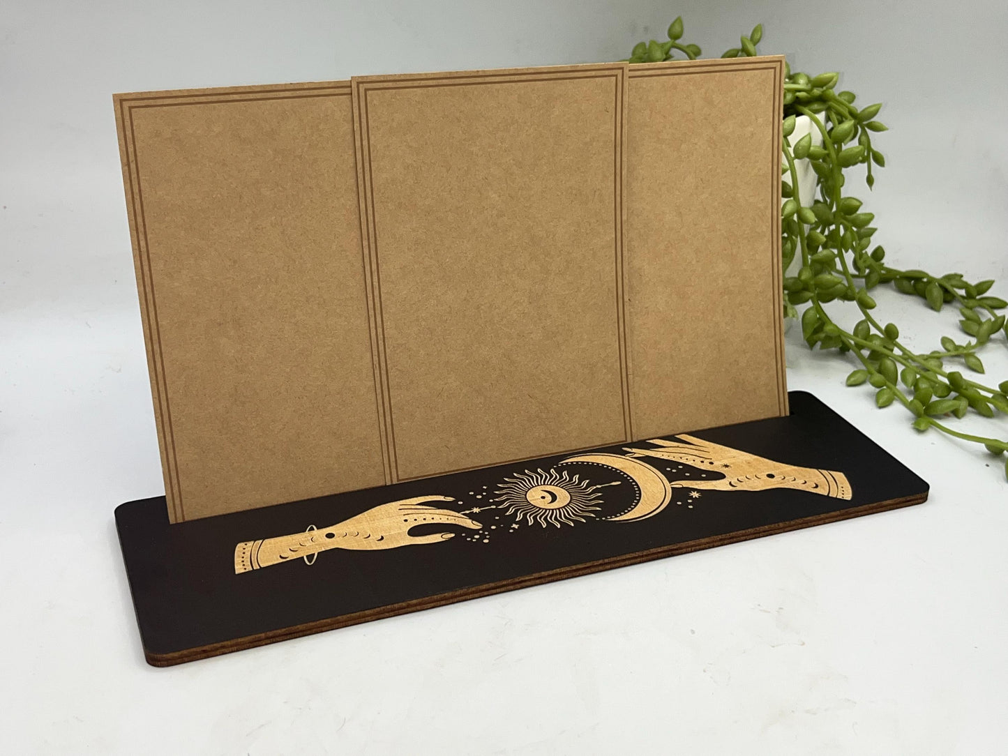 Tarot cards of the day 3 card holder. Wooden mystical hands reaching for sun and moon tarot/oracle card holder, altar stand, card of day