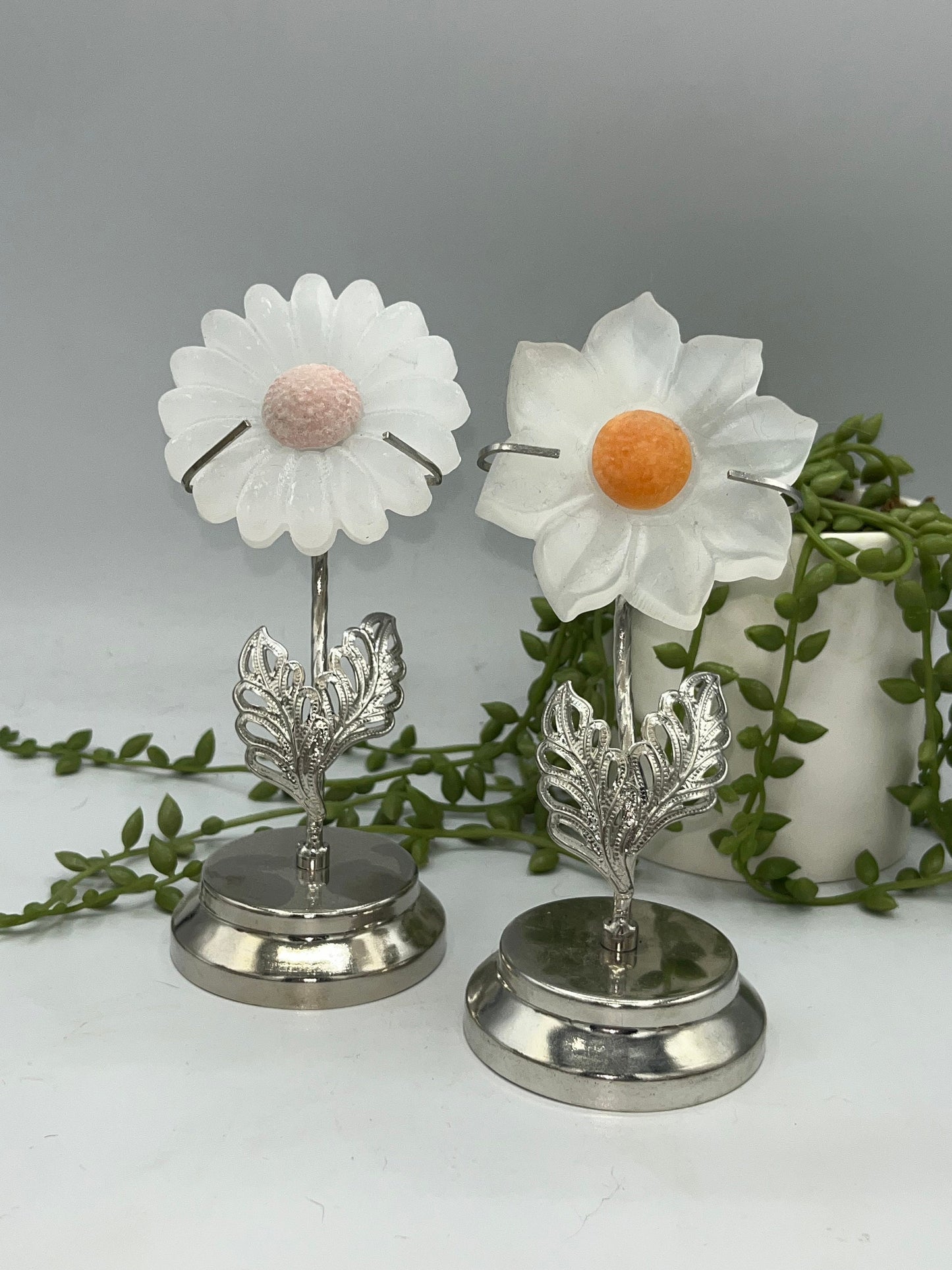 Selenite carved flowers on stand, Gerbera, Sunflower, satin spar, gypsum, carved crystal flower, stand included