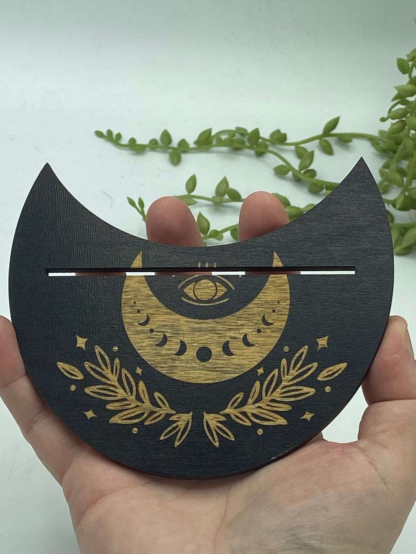 Tarot card of the day holder. Wooden moon with a set of crescent moons within a moon, evil eye pattern tarot/oracle card holder, altar stand