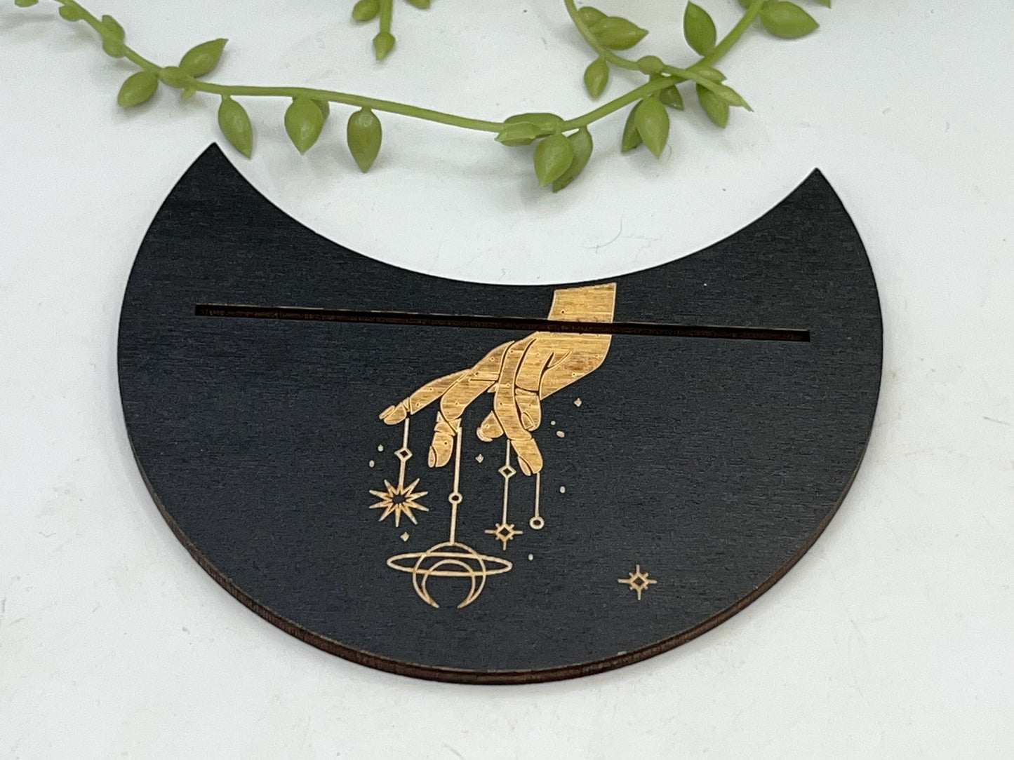 Tarot card of the day holder. Wooden moon with a hand and planets tarot/oracle card holder, card of the day, altar stand