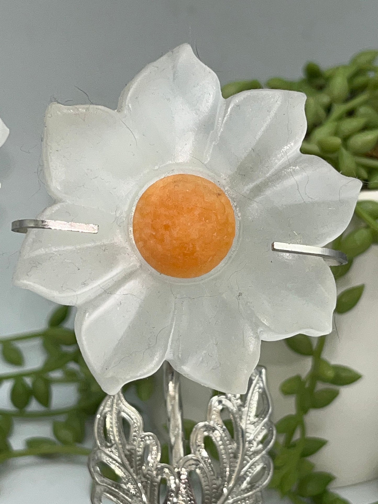 Selenite carved flowers on stand, Gerbera, Sunflower, satin spar, gypsum, carved crystal flower, stand included