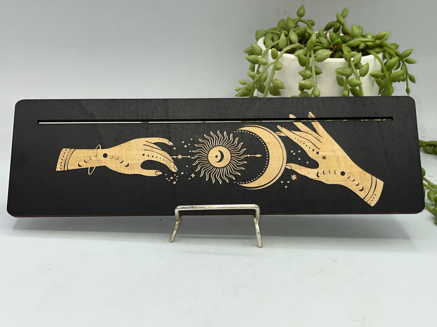 Tarot cards of the day 3 card holder. Wooden mystical hands reaching for sun and moon tarot/oracle card holder, altar stand, card of day
