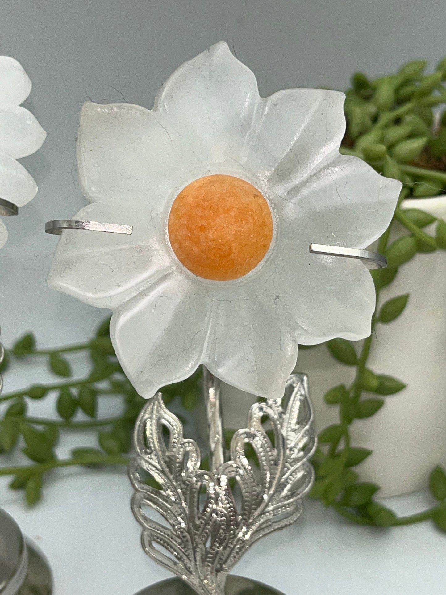 Selenite carved flowers on stand, Gerbera, Sunflower, satin spar, gypsum, carved crystal flower, stand included