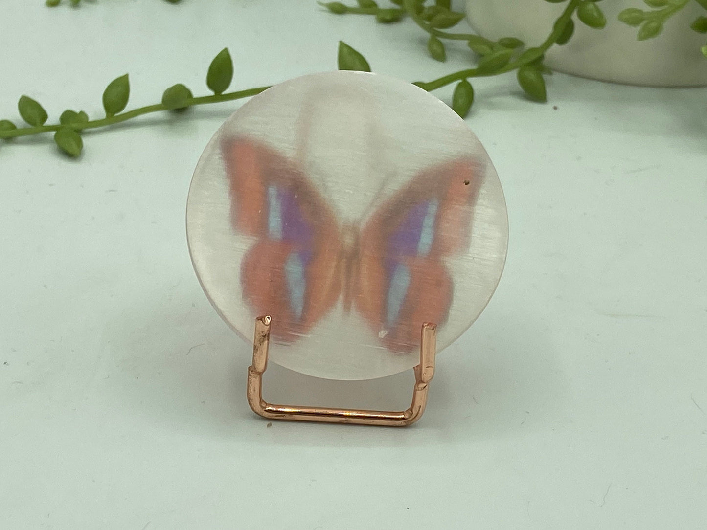 Pretty butterfly on Selenite/Gypsum/Satin Spar small sized charging plate, Approx 55mm, cleansing & recharging, butterflies pattern,