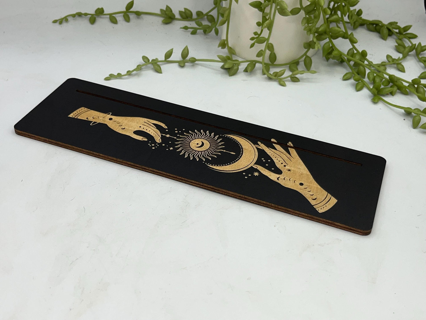 Tarot cards of the day 3 card holder. Wooden mystical hands reaching for sun and moon tarot/oracle card holder, altar stand, card of day