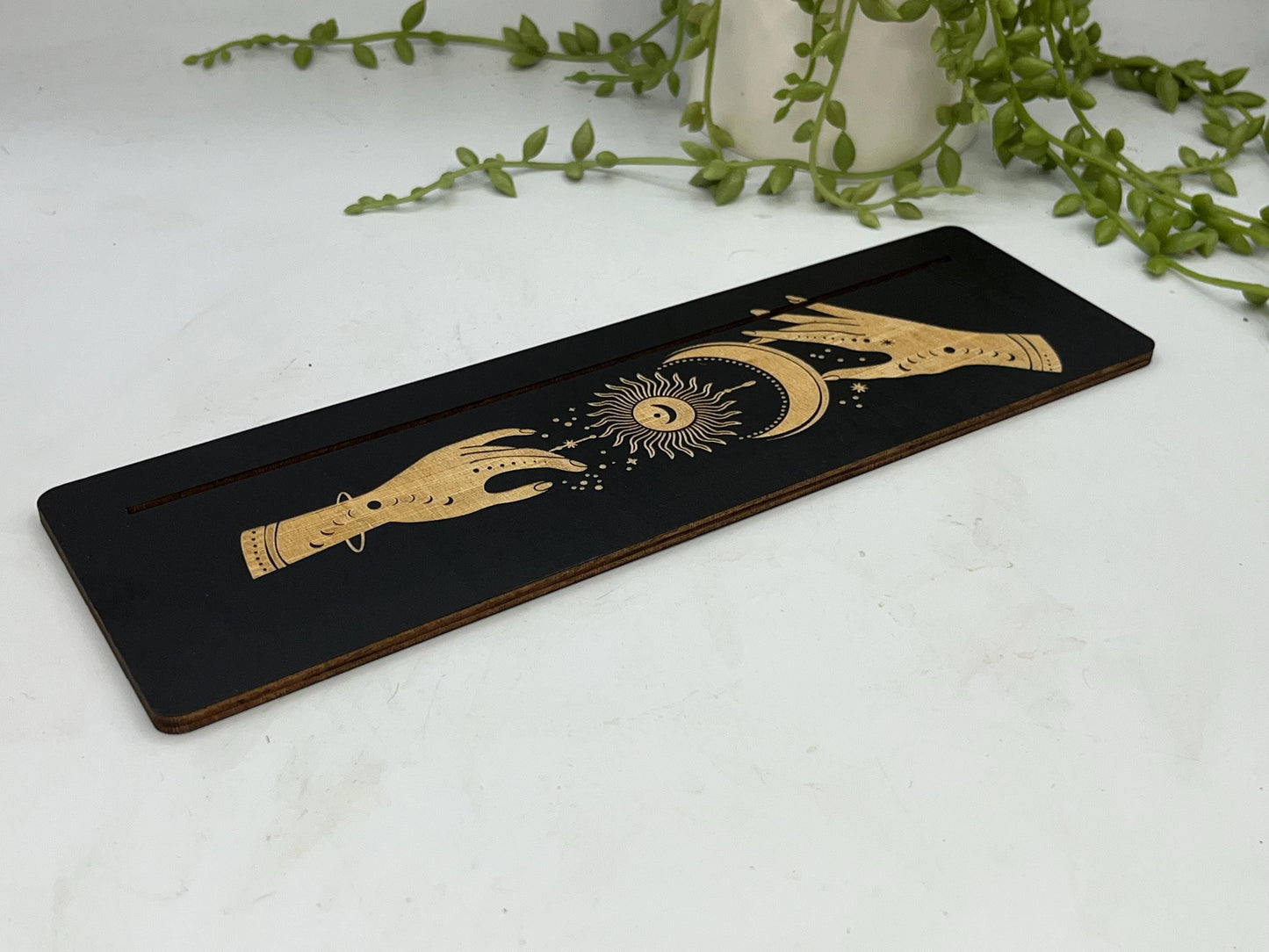 Tarot cards of the day 3 card holder. Wooden mystical hands reaching for sun and moon tarot/oracle card holder, altar stand, card of day