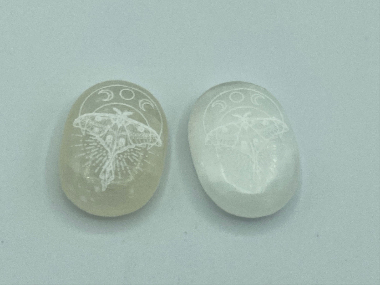 Selenite satin spar crystal palmstone with moons carving, moth, Crystal Healing, Calmness, Protection, Clarity, cleansing, Intuition.