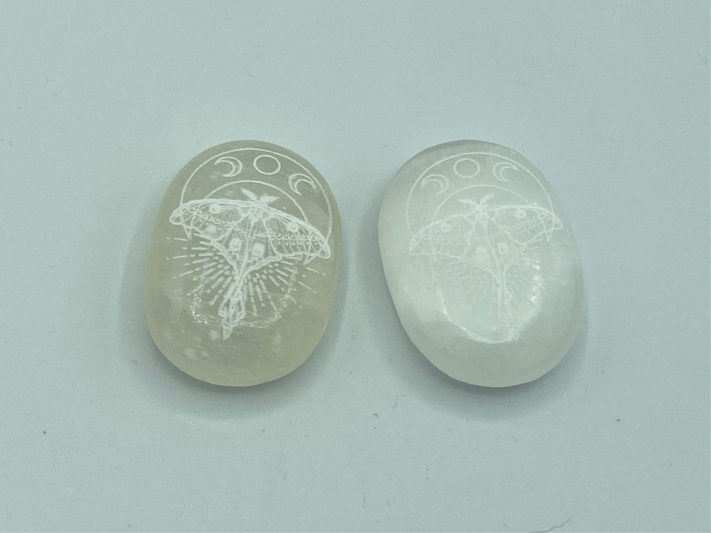 Selenite satin spar crystal palmstone with moons carving, moth, Crystal Healing, Calmness, Protection, Clarity, cleansing, Intuition.