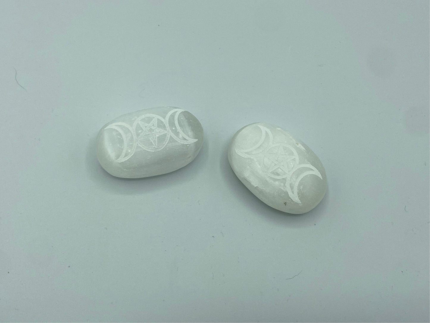 Selenite satin spar crystal palmstone with moons carving, moth, Crystal Healing, Calmness, Protection, Clarity, cleansing, Intuition.