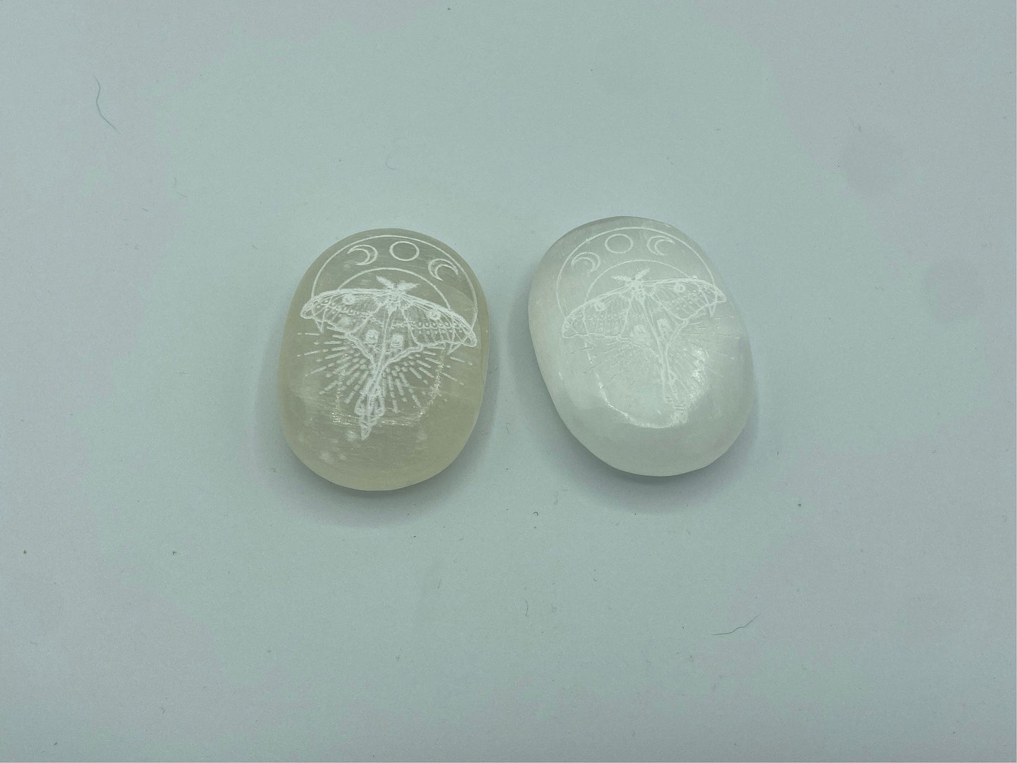 Selenite satin spar crystal palmstone with moons carving, moth, Crystal Healing, Calmness, Protection, Clarity, cleansing, Intuition.
