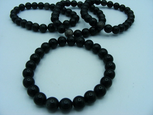 8mm silver sheen Black Obsidian stretch beaded bracelet, gemstone bracelet, Crystal jewellery