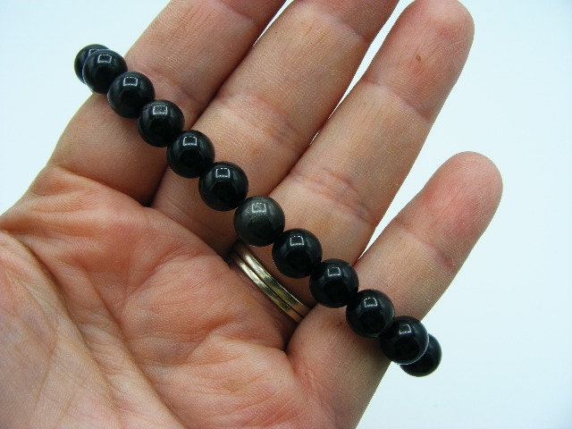 8mm silver sheen Black Obsidian stretch beaded bracelet, gemstone bracelet, Crystal jewellery