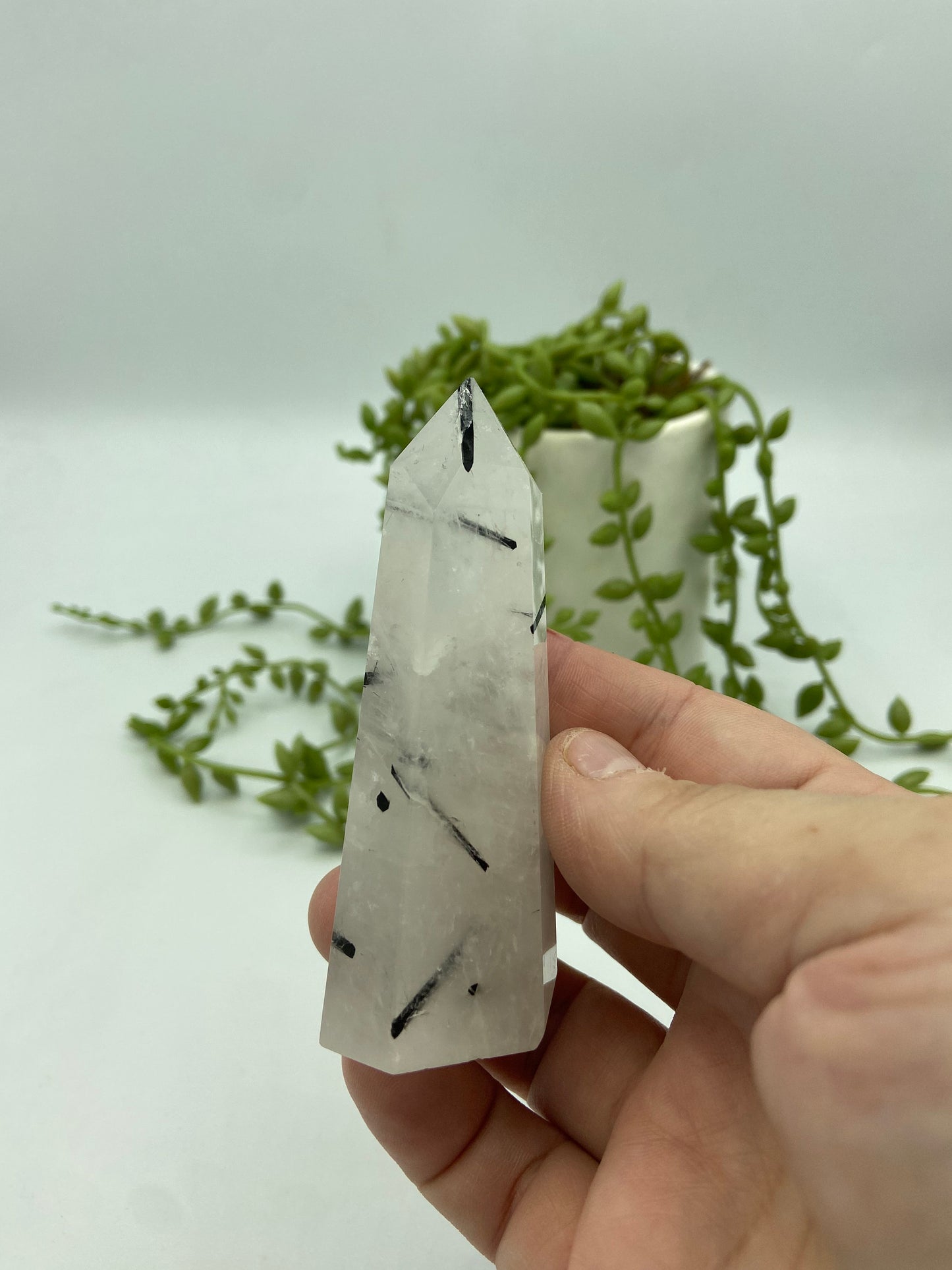 Natural Tourmaline Quartz Point Crystal, Tourmaline Quartz Tower, Black tourmaline inclusions in quartz point,