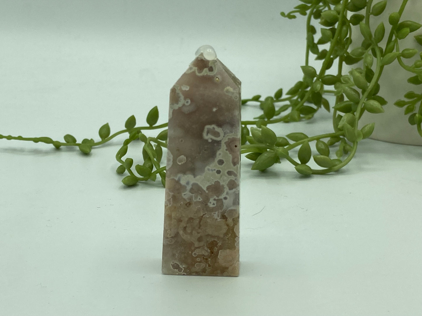 pink amethyst and flower agate crystal obelisk tower point gemstone healing, druzy pink amethyst, quartz, inclusions