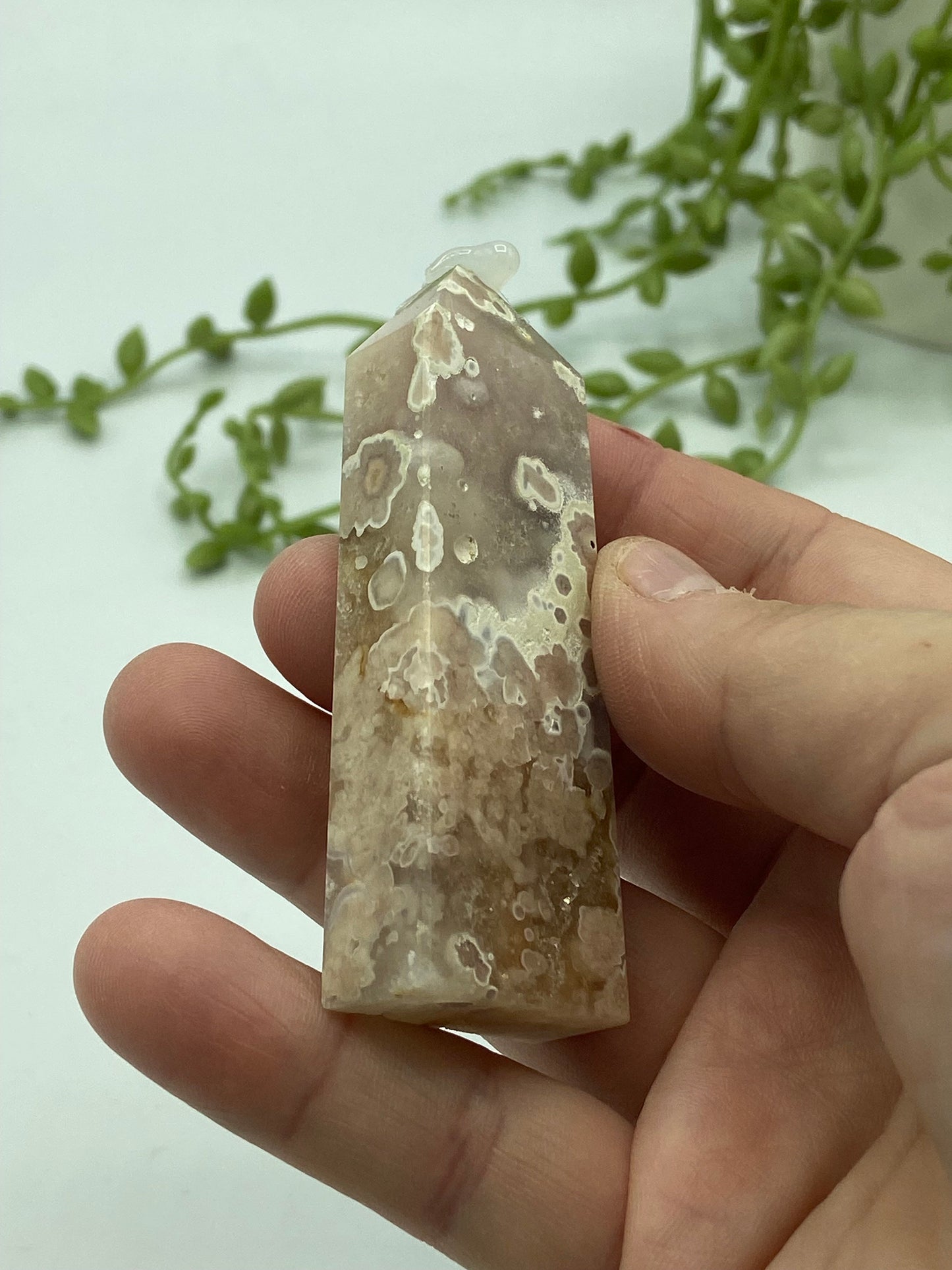 pink amethyst and flower agate crystal obelisk tower point gemstone healing, druzy pink amethyst, quartz, inclusions