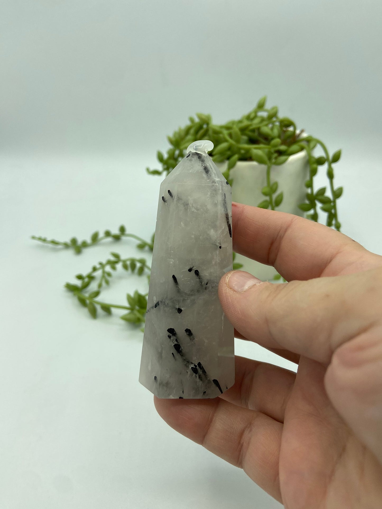Natural Tourmaline Quartz Point Crystal, Tourmaline Quartz Tower, Black tourmaline inclusions in quartz point,