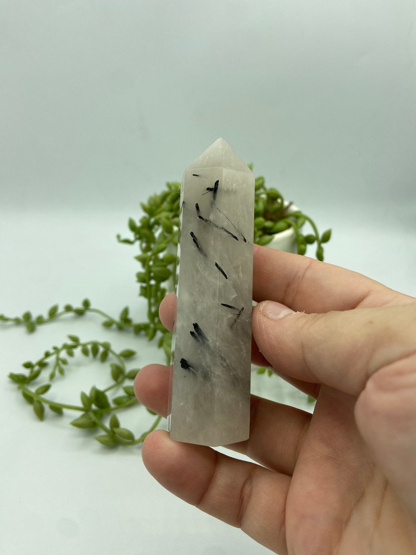 Natural Tourmaline Quartz Point Crystal, Tourmaline Quartz Tower, Black tourmaline inclusions in quartz point,