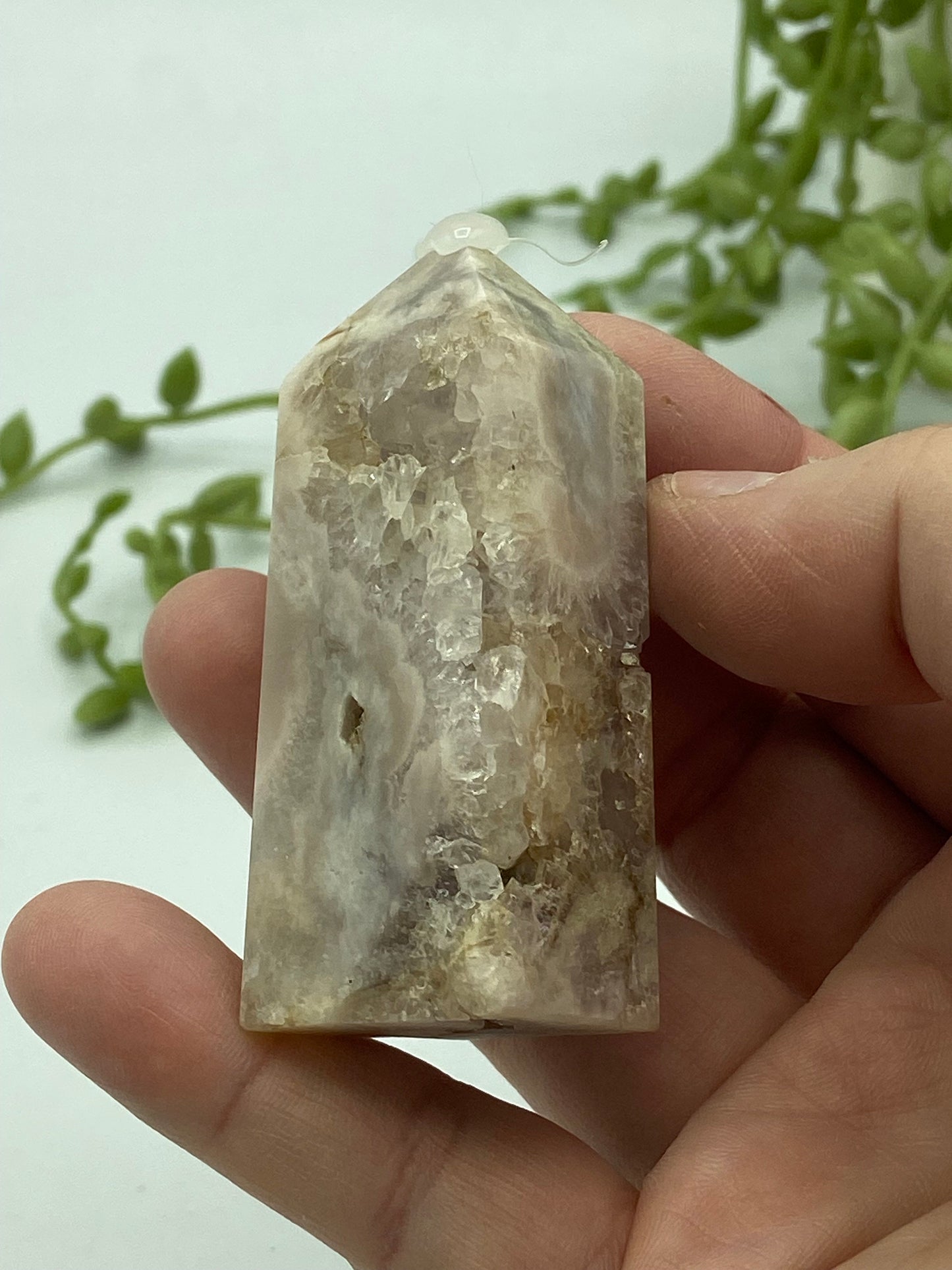pink amethyst and flower agate crystal obelisk tower point gemstone healing, druzy pink amethyst, quartz, inclusions