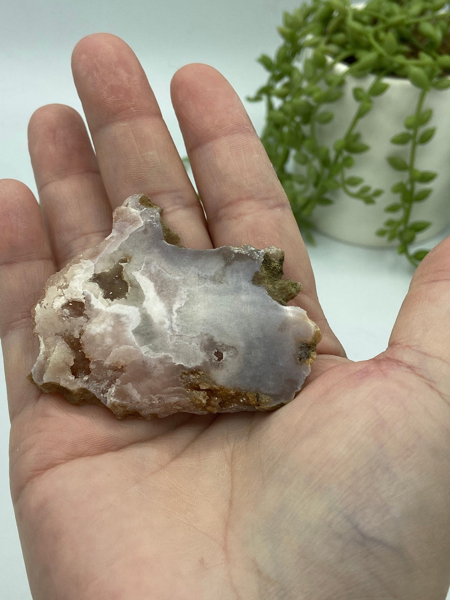 Pink amethyst with flower agate slab (A) druzy slice specimen