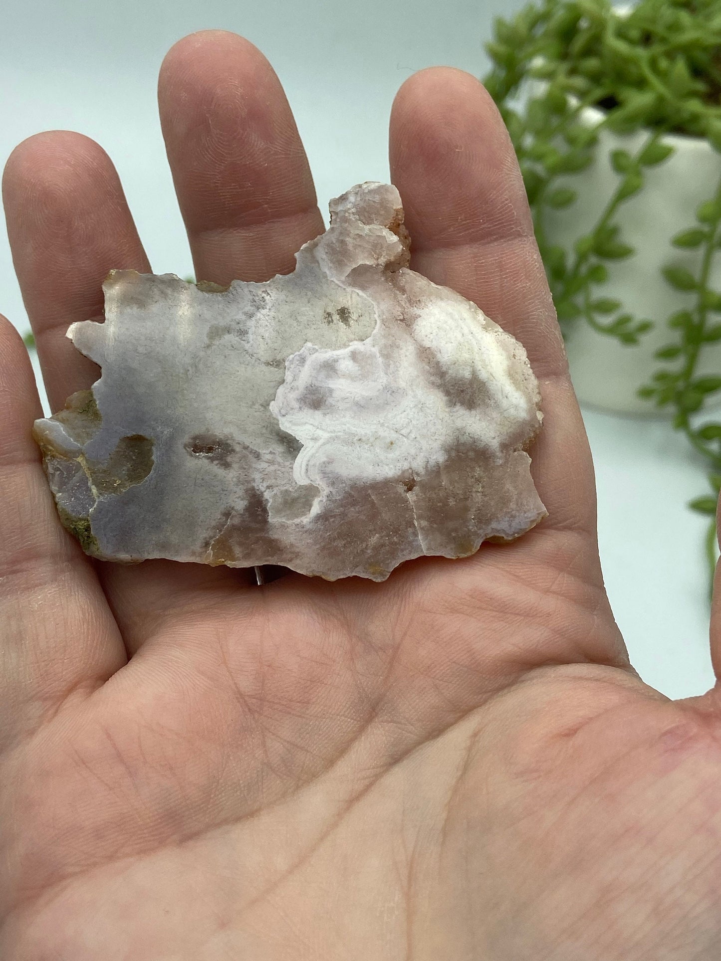 Pink amethyst with flower agate slab (A) druzy slice specimen