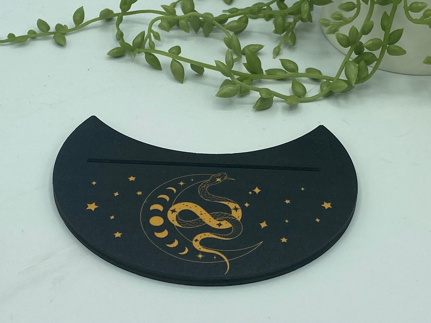 Tarot card of the day holder. Wooden crescent moon, snake, moon phase tarot/oracle card holder, card of the day, altar stand