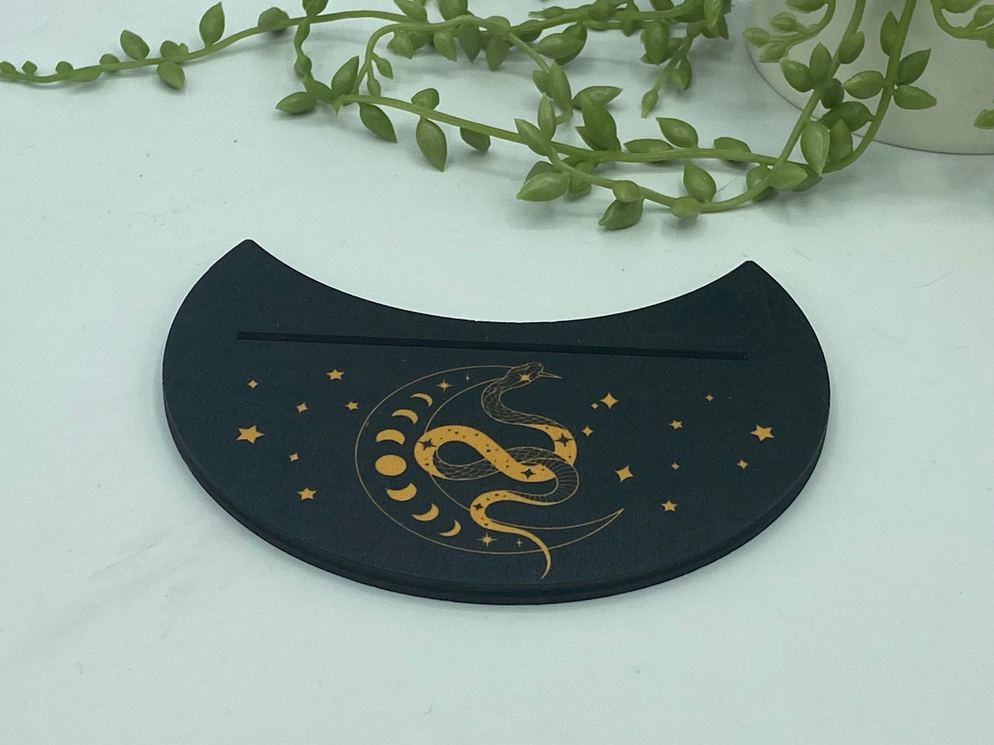 Tarot card of the day holder. Wooden crescent moon, snake, moon phase tarot/oracle card holder, card of the day, altar stand