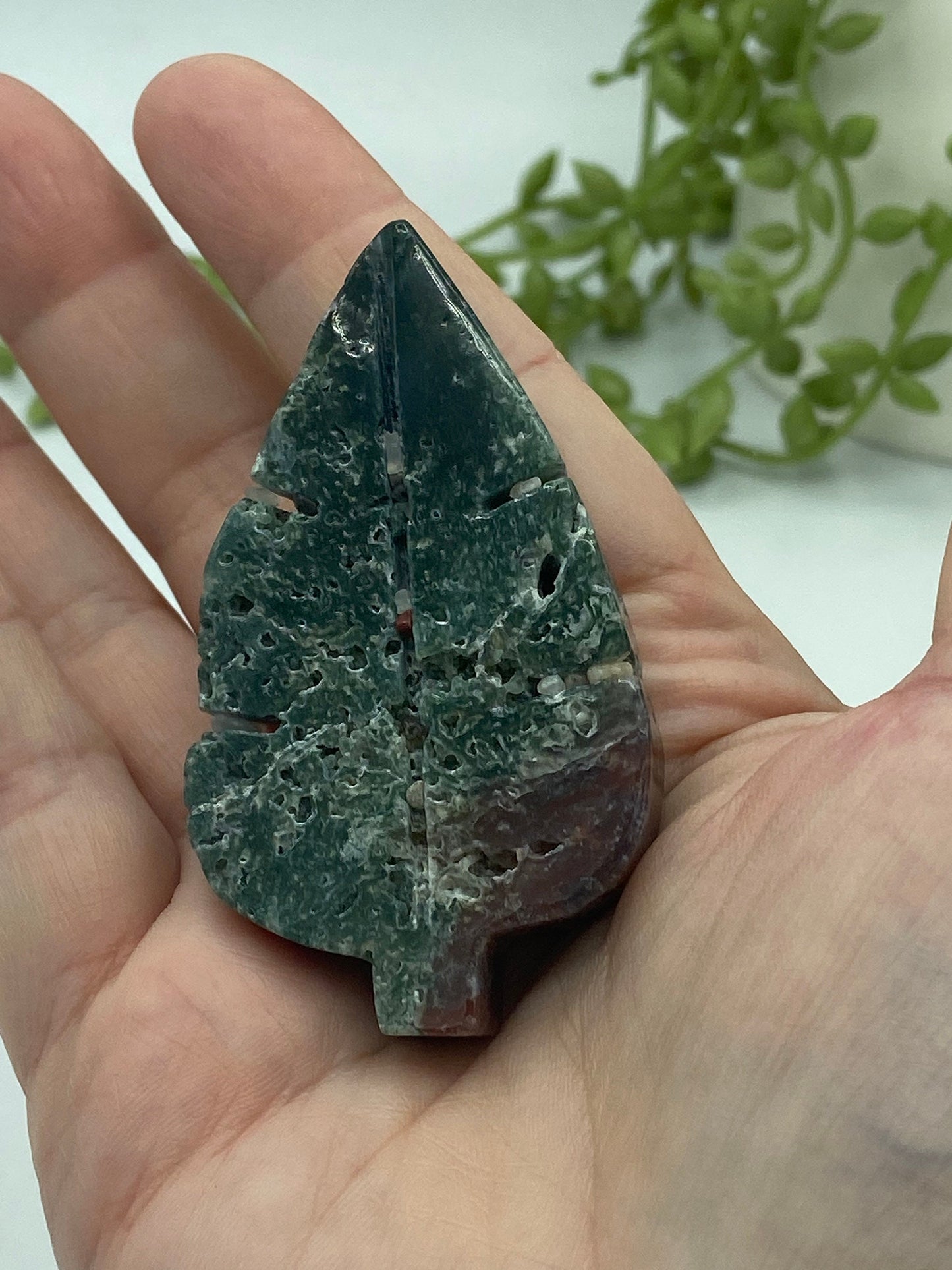 Ocean Jasper leaf. Orbicular Jasper, Atlantis stone, cellular Jasper, stone carving