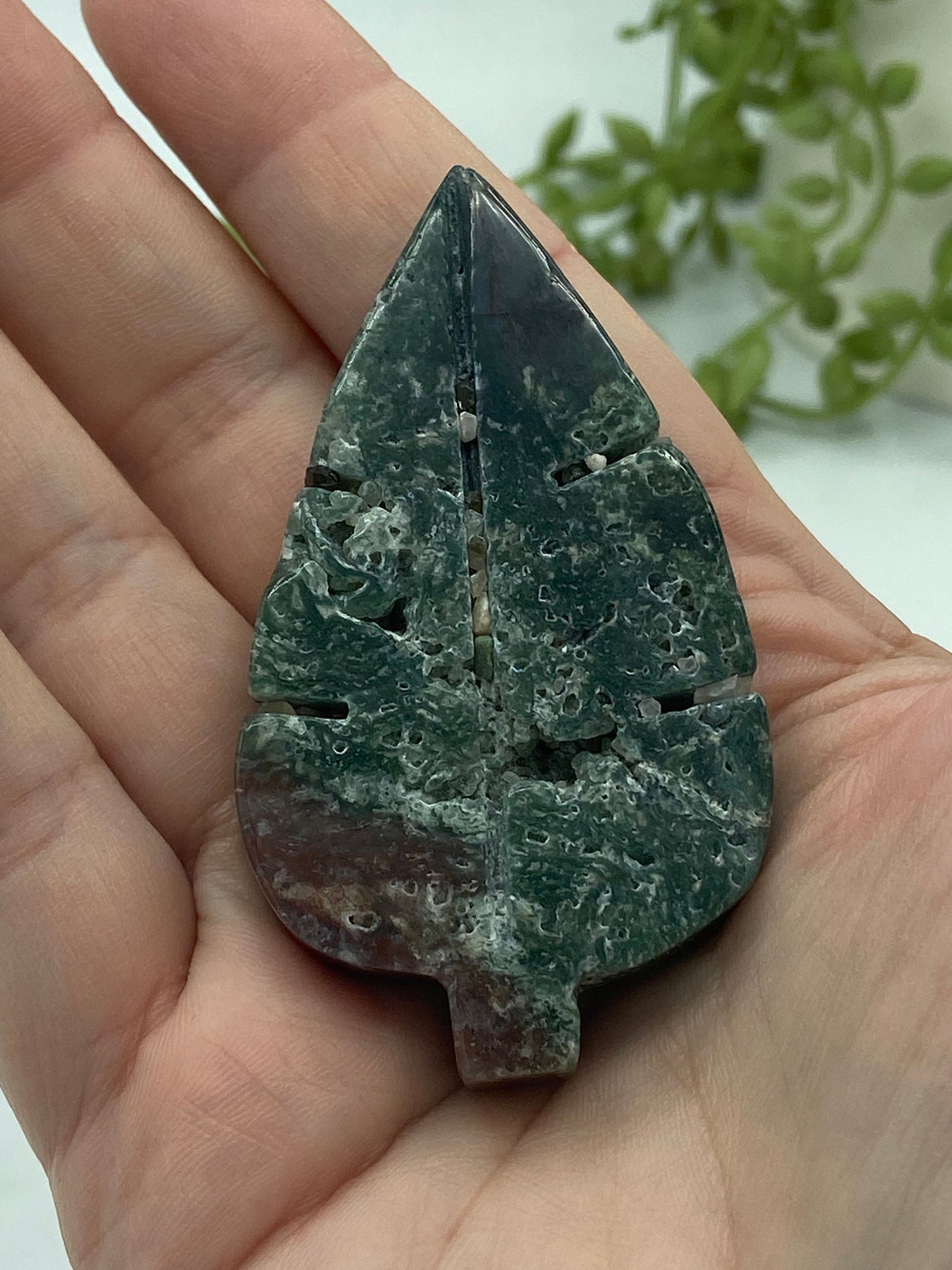 Ocean Jasper leaf. Orbicular Jasper, Atlantis stone, cellular Jasper, stone carving