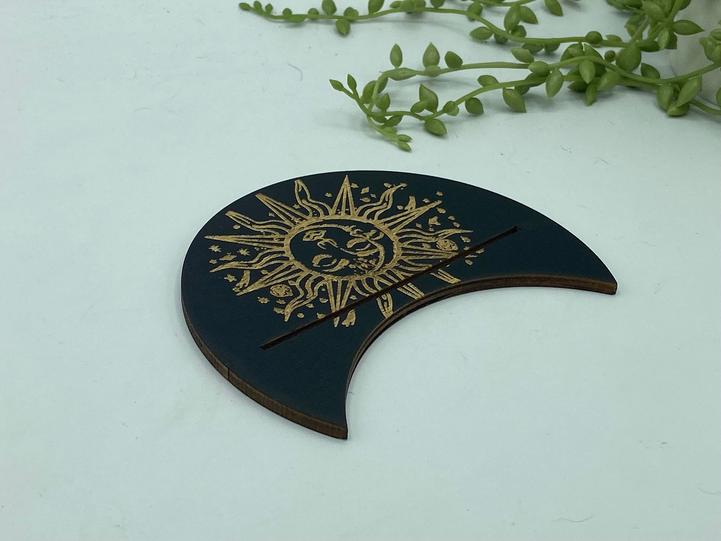 Tarot card of the day holder. Wooden moon within a sun pattern tarot/oracle card holder, card of the day, altar stand