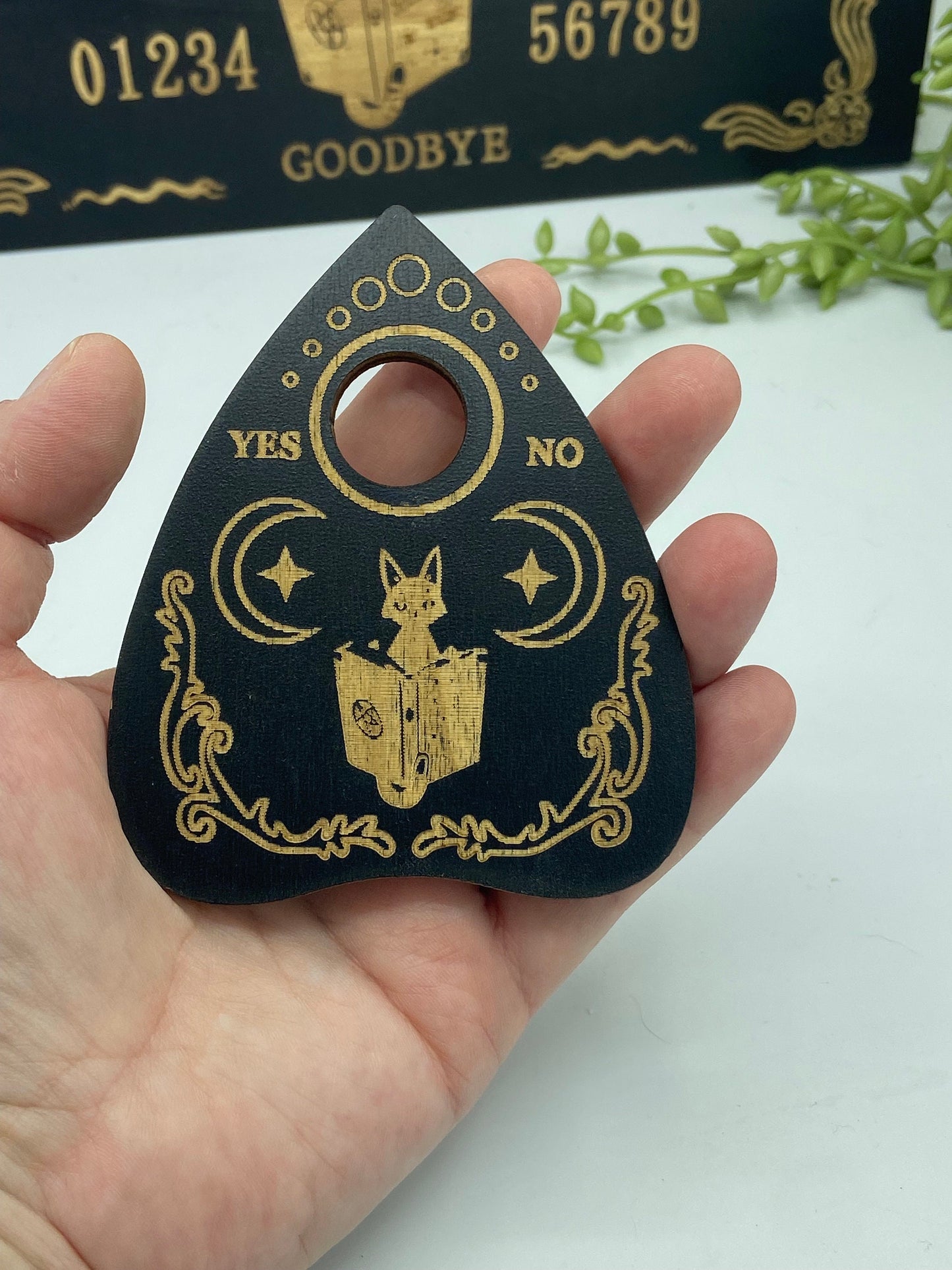 Wooden Ouija board with planchette, cat and book, familiar, divination, dowsing, Altar Board,Spirit Board,Occult Practice,Pendulum Board