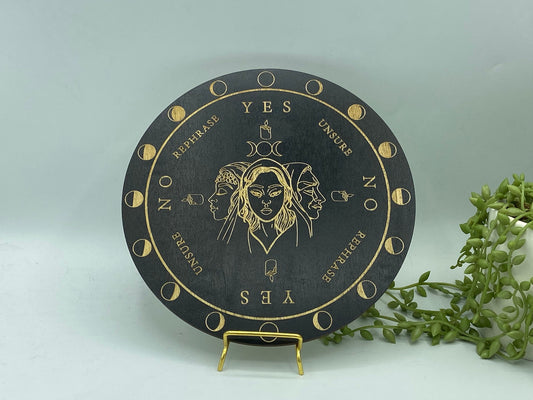 Wooden sprit/dowsing board featuring the goddess Hecate, triple moon, moon phase, pendulum board, scrying, divination reading,