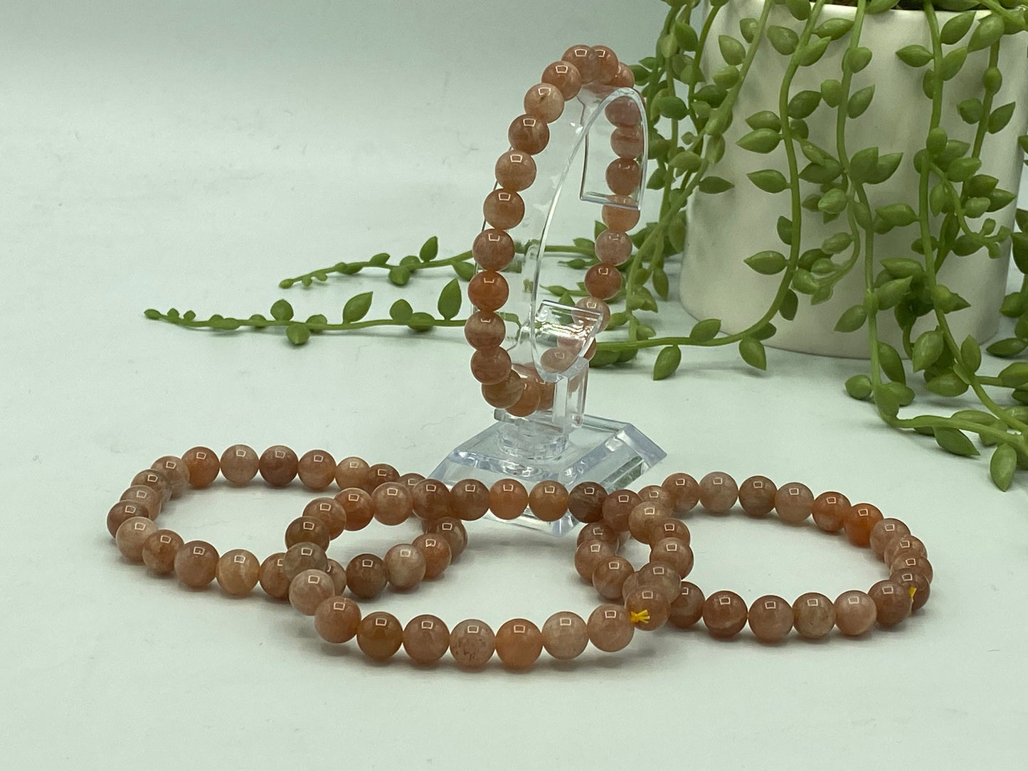 Peach moonstone inc. sunstone inclusions, beaded bracelet for happiness, good fortune and new beginnings. Crystal Healing, Reiki, Meditation