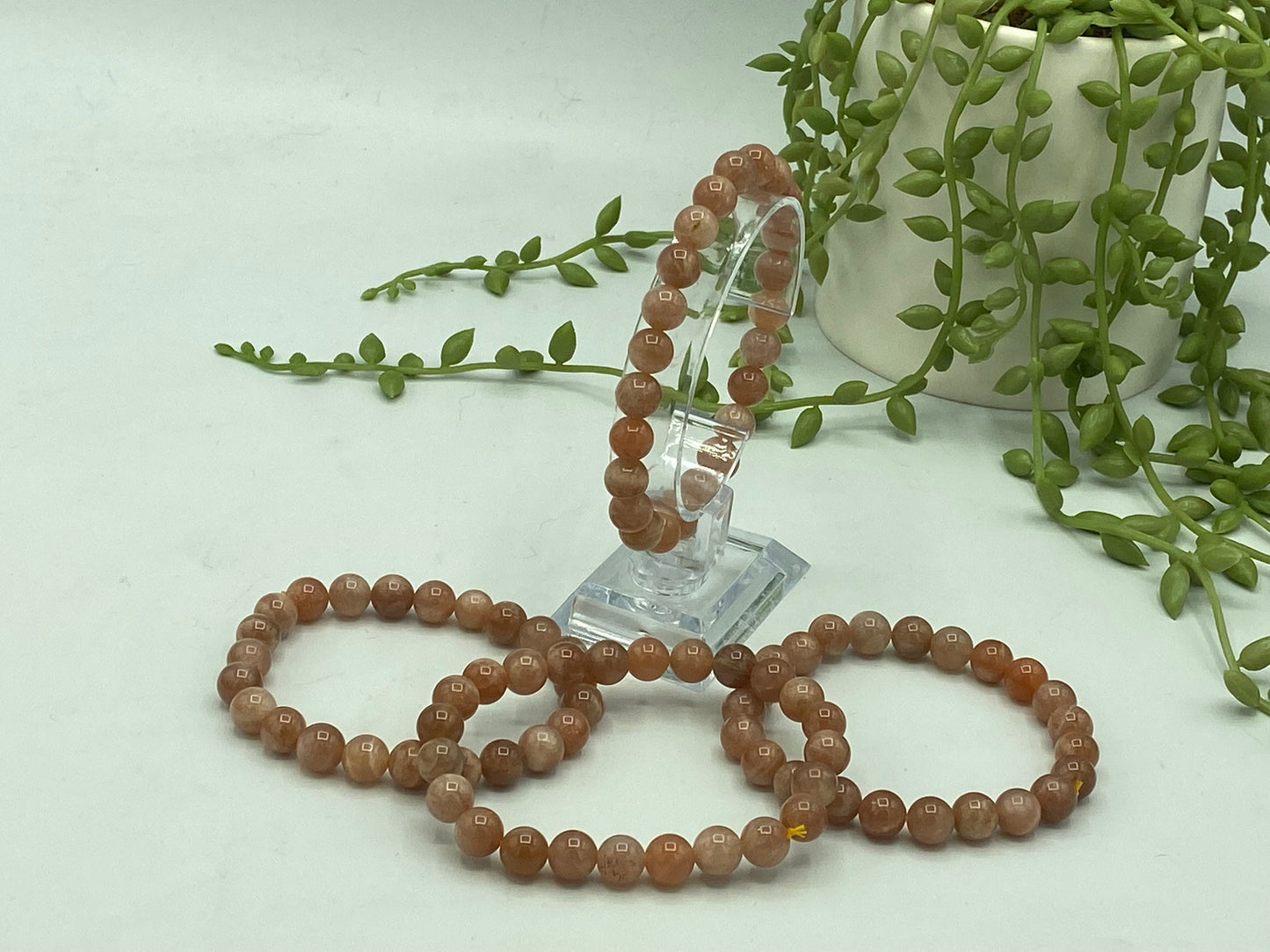 Peach moonstone inc. sunstone inclusions, beaded bracelet for happiness, good fortune and new beginnings. Crystal Healing, Reiki, Meditation