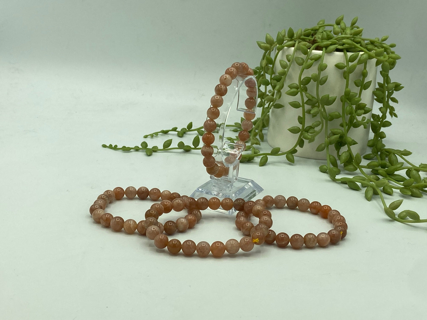 Peach moonstone inc. sunstone inclusions, beaded bracelet for happiness, good fortune and new beginnings. Crystal Healing, Reiki, Meditation