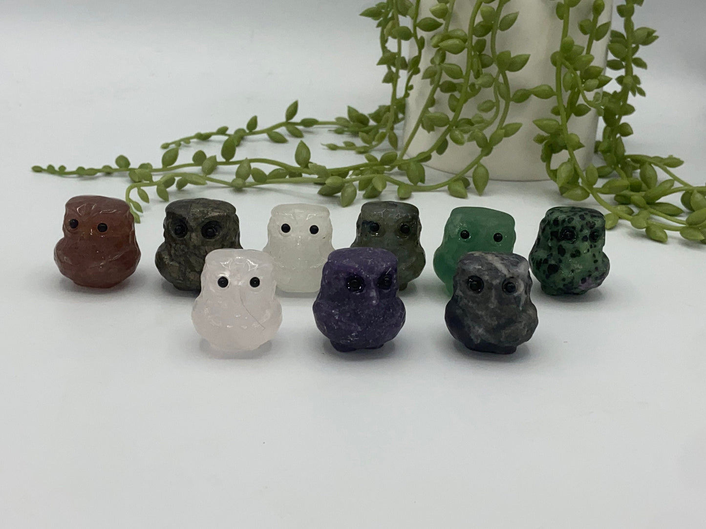 Mini owl carving. crystal animals, crystal owls, crystal carvings, natural crystal carvings quartz, pyrite, fluorite, labrodorite lepidolite