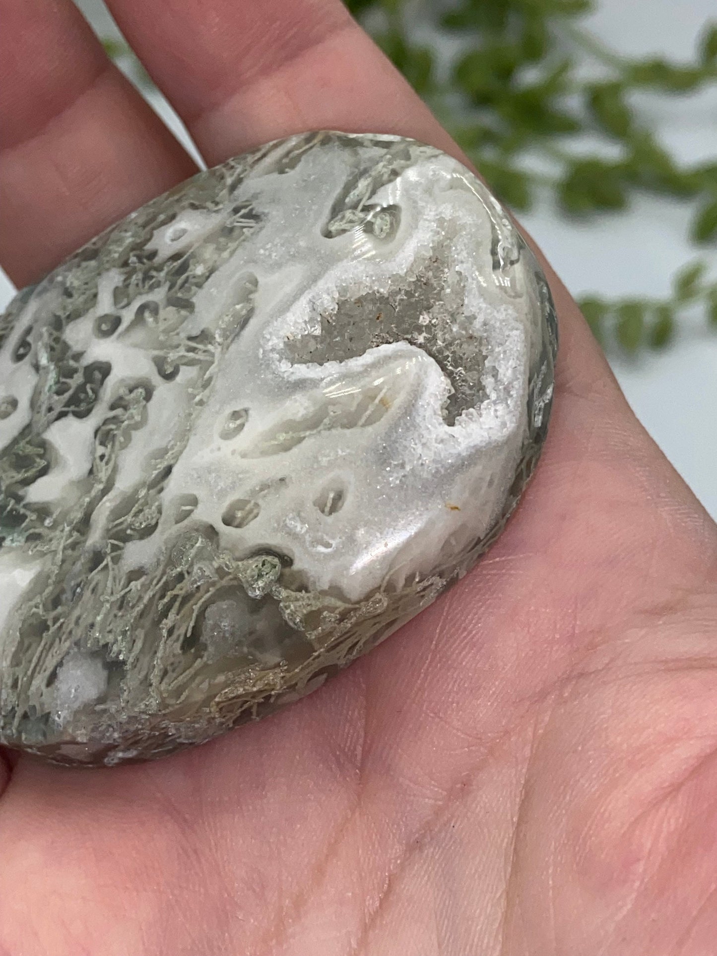 Light White With Green Moss Agate Druzy Palm Stone (H) Worry stone, Mocha stone, quartz inclusions