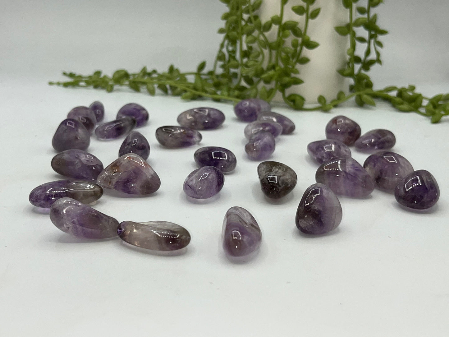 Rare Auralite 23 Crystal Tumble Stone/red cap amethyst. Hematite, Limonite, Sphalerite, Chalcopyrite, Epidote, Bornite, Pyrite, Ajoite