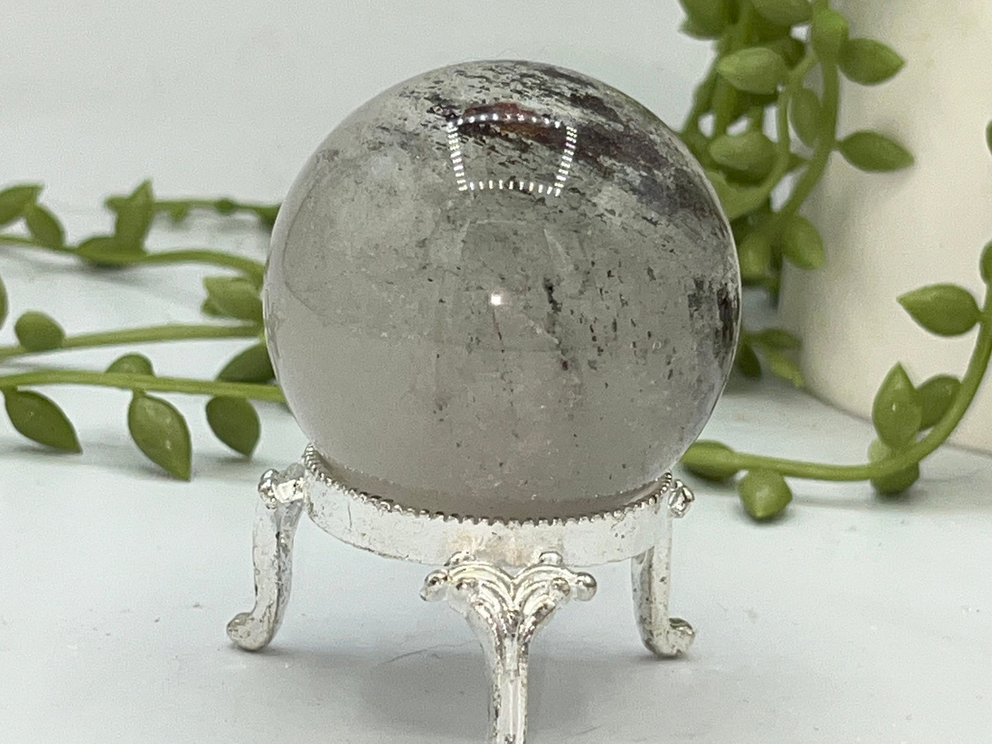 47mm Lodolite Garden Quartz Sphere, Garden Quartz Crystal, Floodlit Garden Quartz Sphere, Lodolite crystals, hematite feldspar quartz