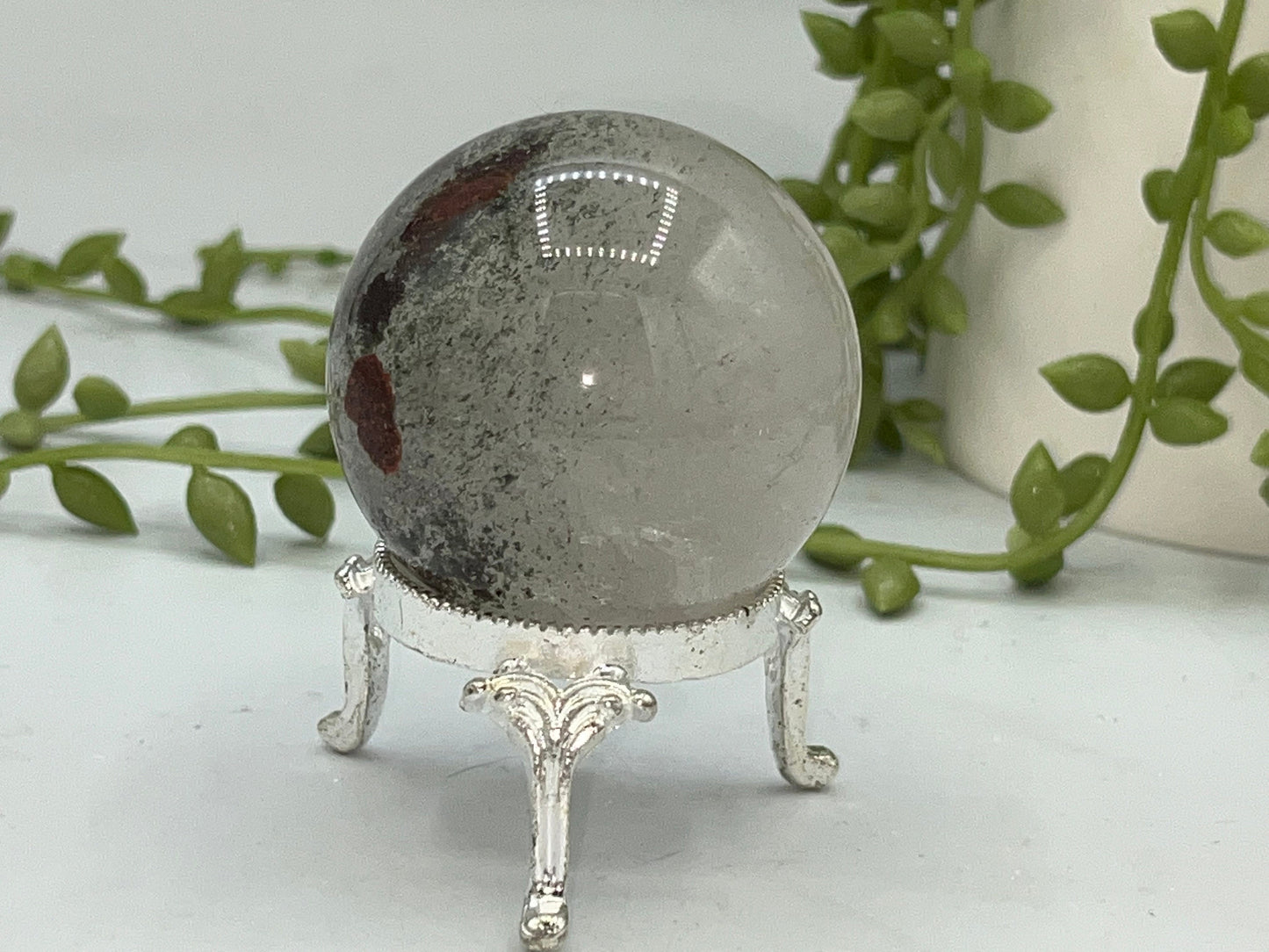 47mm Lodolite Garden Quartz Sphere, Garden Quartz Crystal, Floodlit Garden Quartz Sphere, Lodolite crystals, hematite feldspar quartz