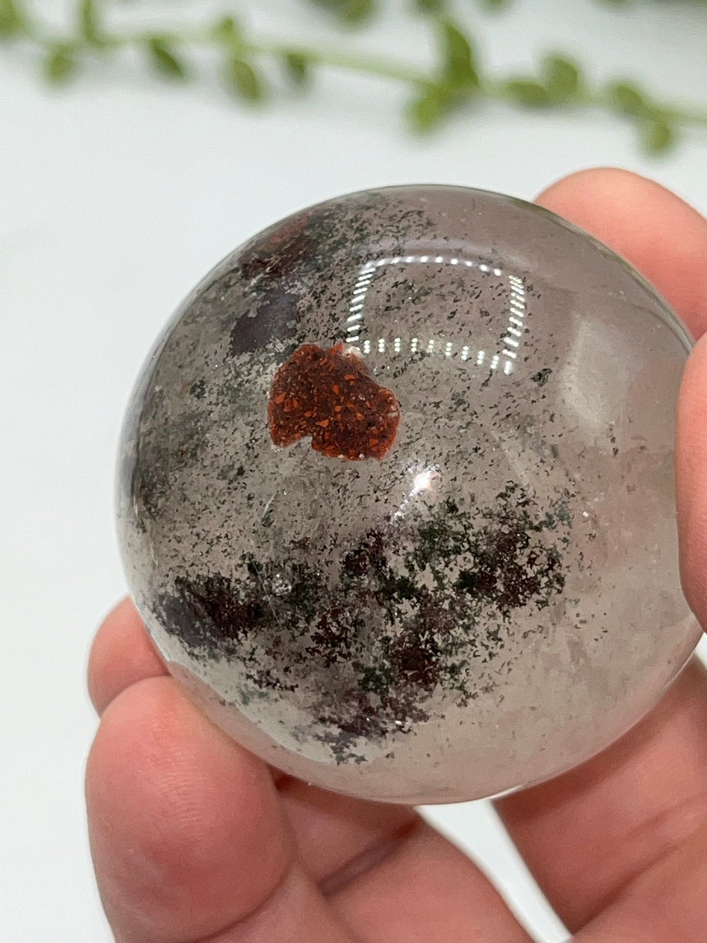 47mm Lodolite Garden Quartz Sphere, Garden Quartz Crystal, Floodlit Garden Quartz Sphere, Lodolite crystals, hematite feldspar quartz
