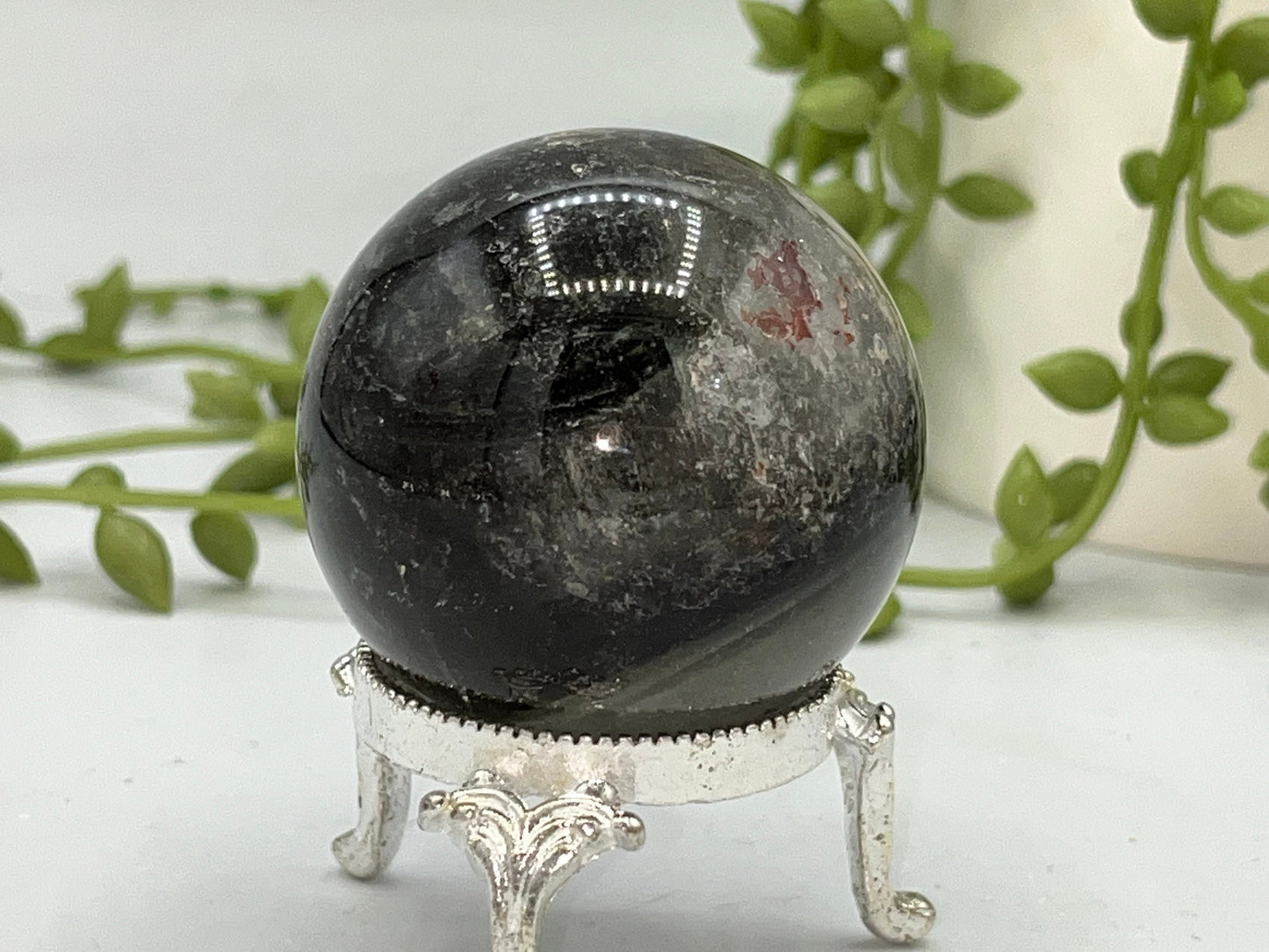 46.7mm Lodolite Garden Quartz Sphere, Garden Quartz Crystal, Floodlit Garden Quartz Sphere, Lodolite crystals, hematite feldspar quartz