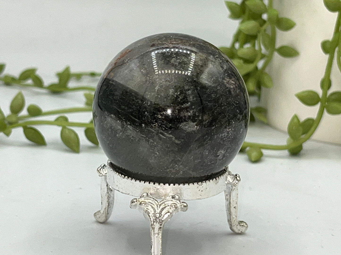 46.7mm Lodolite Garden Quartz Sphere, Garden Quartz Crystal, Floodlit Garden Quartz Sphere, Lodolite crystals, hematite feldspar quartz